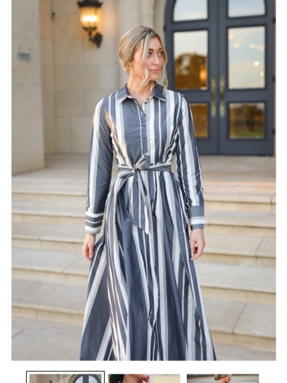 Dainty Jewells Gray and White Striped Maxi Shirt Dress with Waist Tie